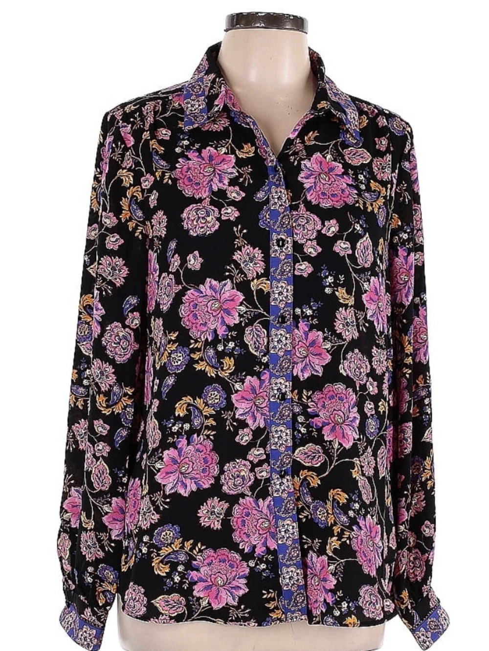 Nanette Lepore Black Button-Front Blouse with Pink & Purple Floral Print
